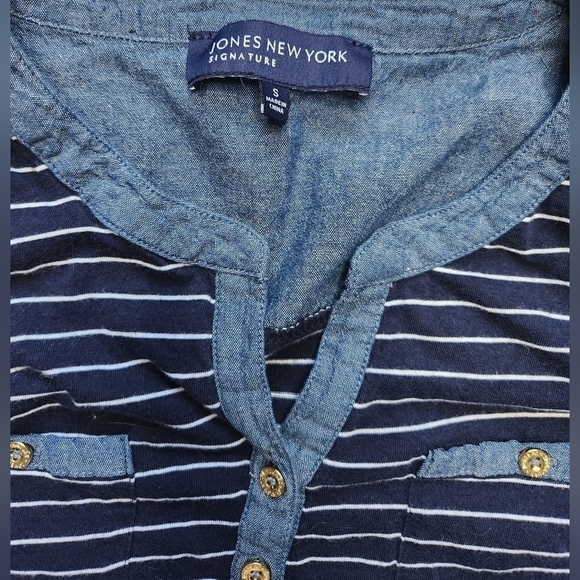 JONES NEW YORK SIGNATURE mid sleeve blue stripped shirt Size S - Picture 2 of 9
